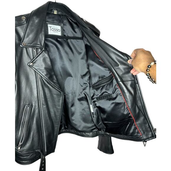 NWOT Tassa Paris Black Calfskin Leather Biker Rocker Jacket Full Zip Size 2XL - Picture 6 of 11